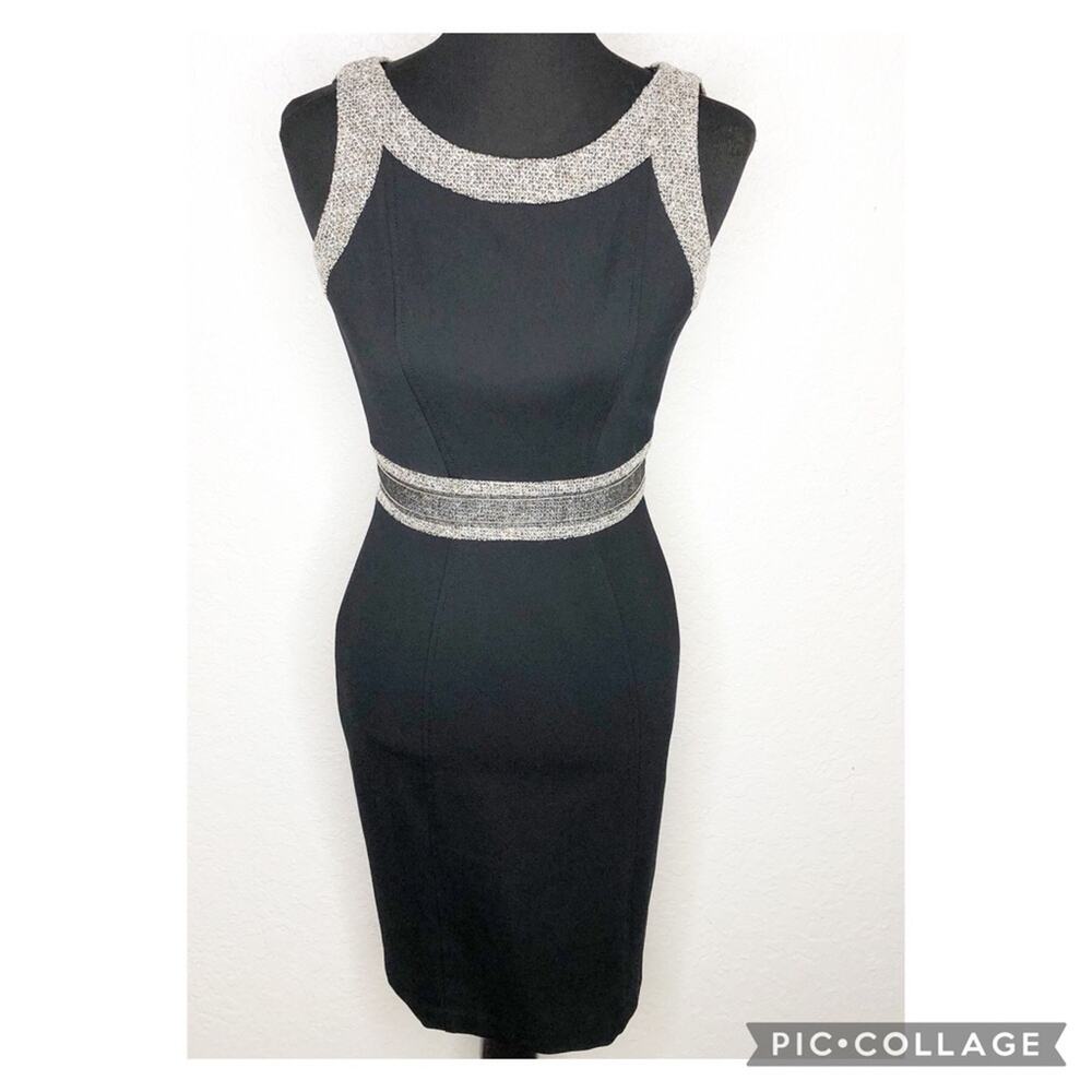 WHBM black white tan tweed beaded trim sleeveless sheath dress‎ size 00